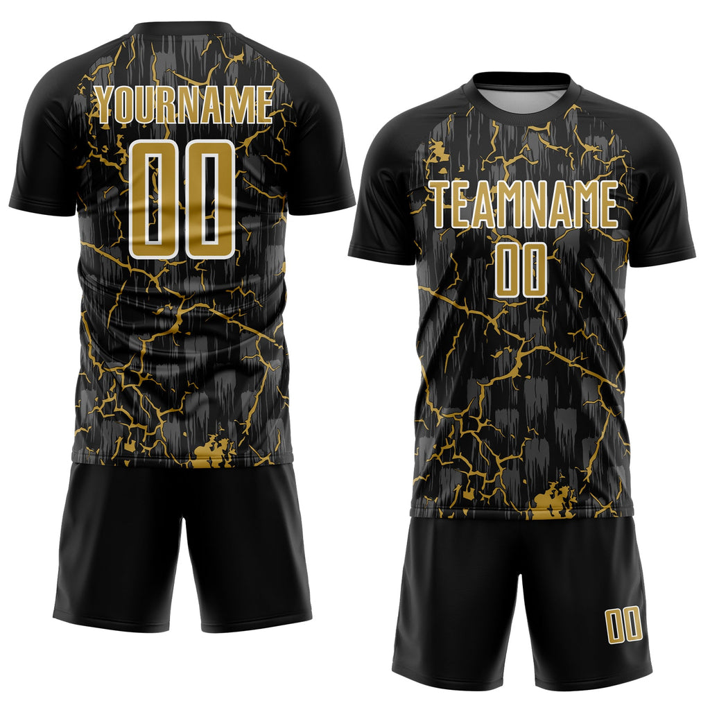 Custom Black Old Gold-White Lightning Sublimation Soccer Uniform Jersey