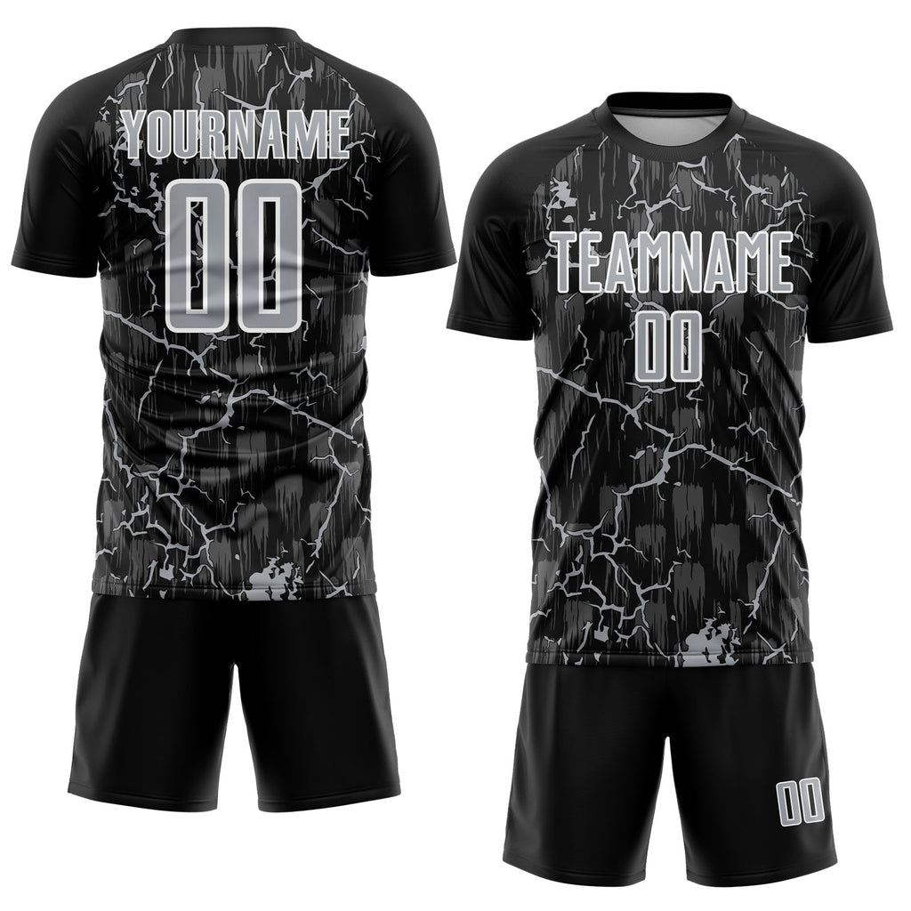 Custom Black Gray-White Lightning Sublimation Soccer Uniform Jersey