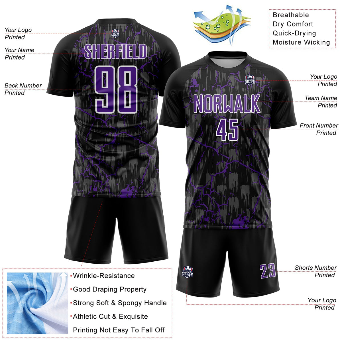 Custom Black Purple-White Lightning Sublimation Soccer Uniform Jersey