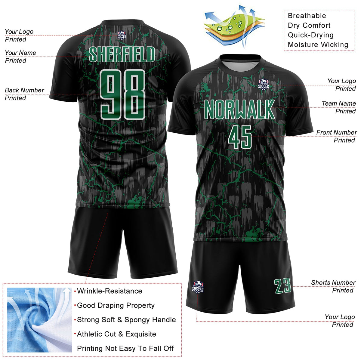 Custom Black Kelly Green-White Lightning Sublimation Soccer Uniform Jersey
