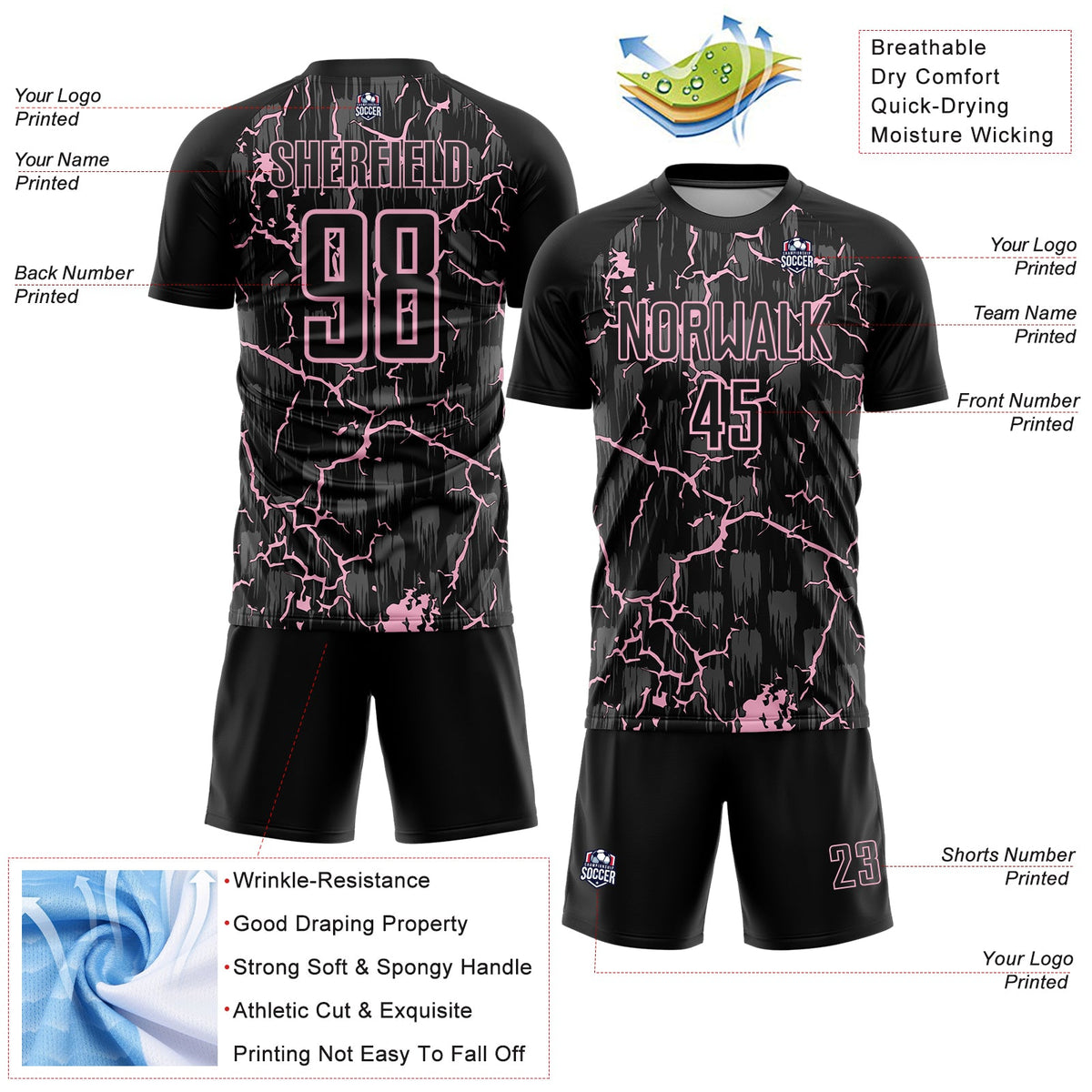 Custom Black Light Pink Lightning Sublimation Soccer Uniform Jersey