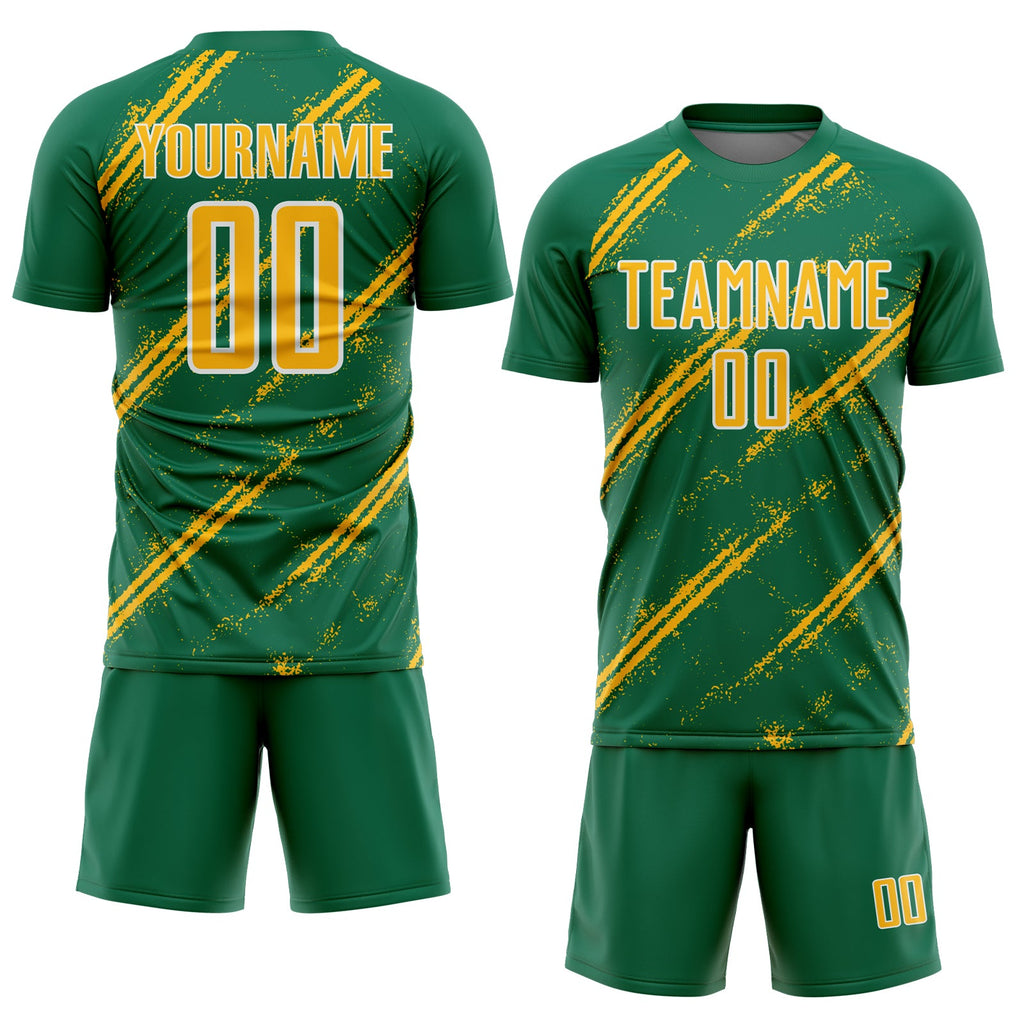 Custom Kelly Green Gold-White Abstract Fragment Art Splash Sublimation Soccer Uniform Jersey