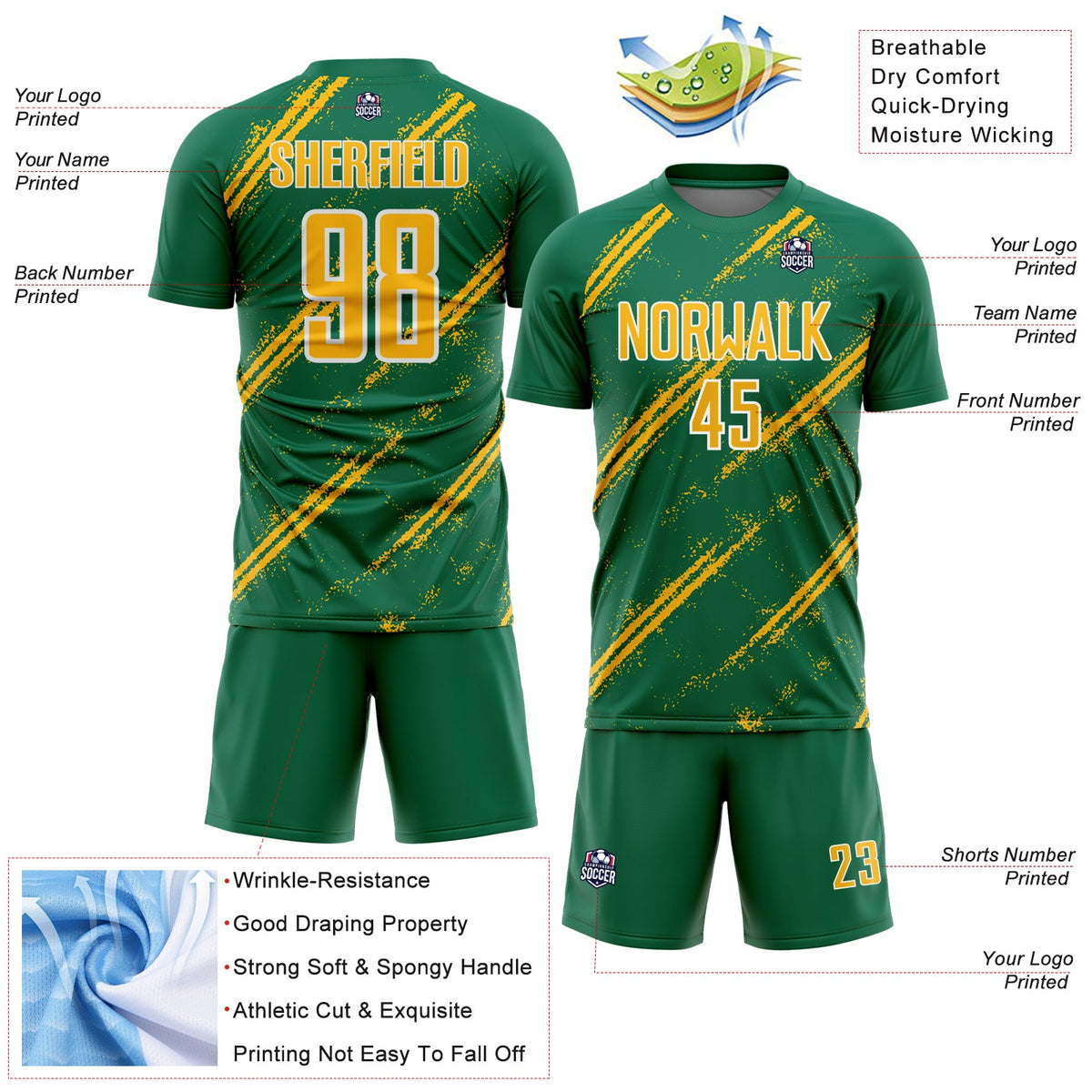 Custom Kelly Green Gold-White Abstract Fragment Art Splash Sublimation Soccer Uniform Jersey