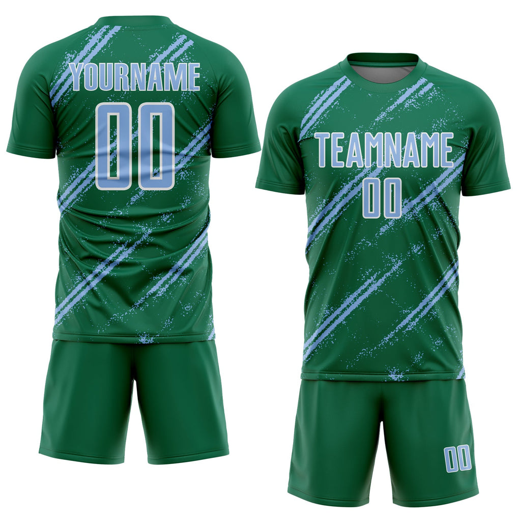 Custom Kelly Green Light Blue-White Abstract Fragment Art Splash Sublimation Soccer Uniform Jersey