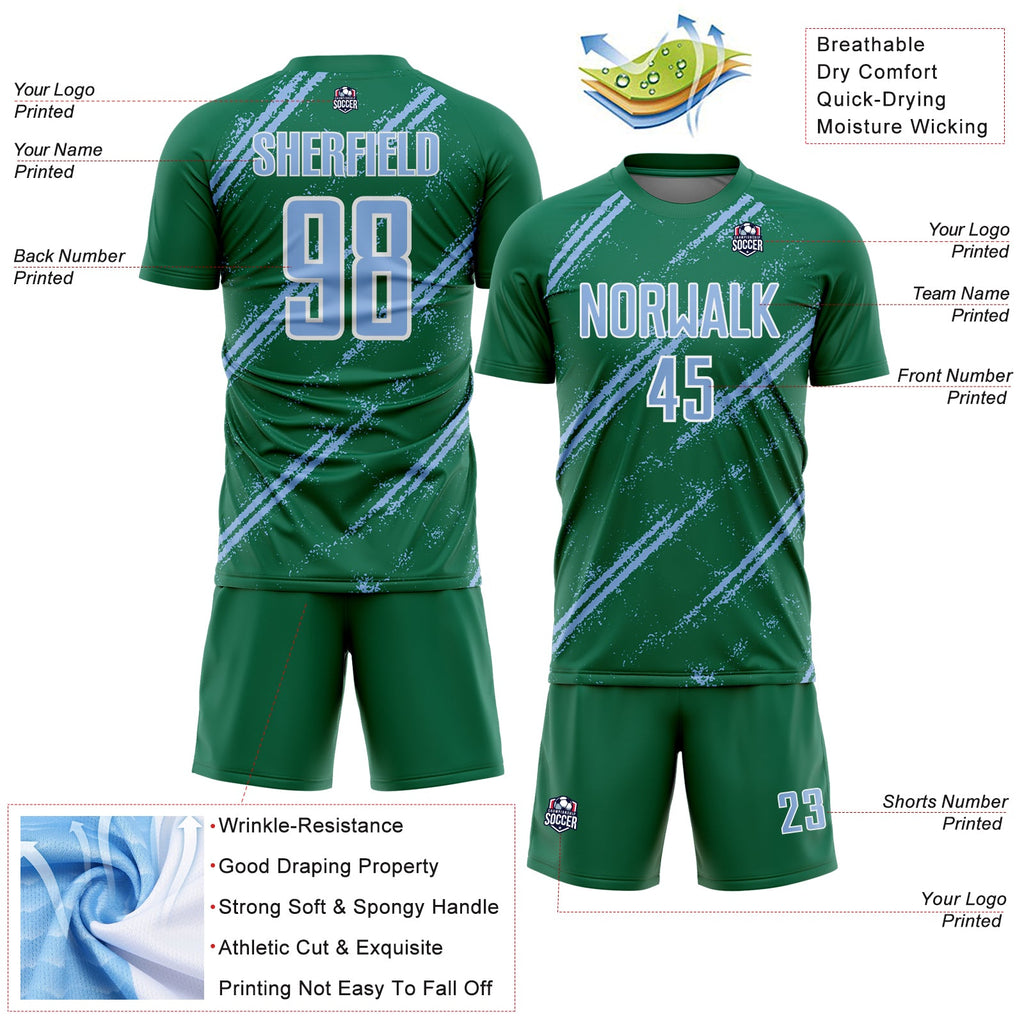 Custom Kelly Green Light Blue-White Abstract Fragment Art Splash Sublimation Soccer Uniform Jersey