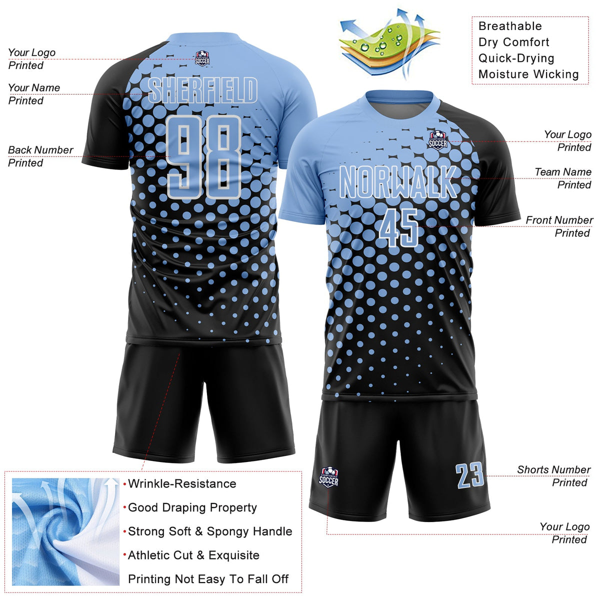 Custom Black Light Blue-White Modern Polka Dot Sublimation Soccer Uniform Jersey