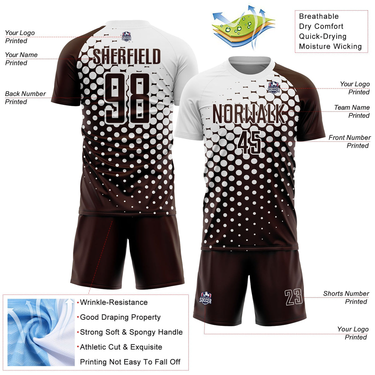Custom Brown White Modern Polka Dot Sublimation Soccer Uniform Jersey