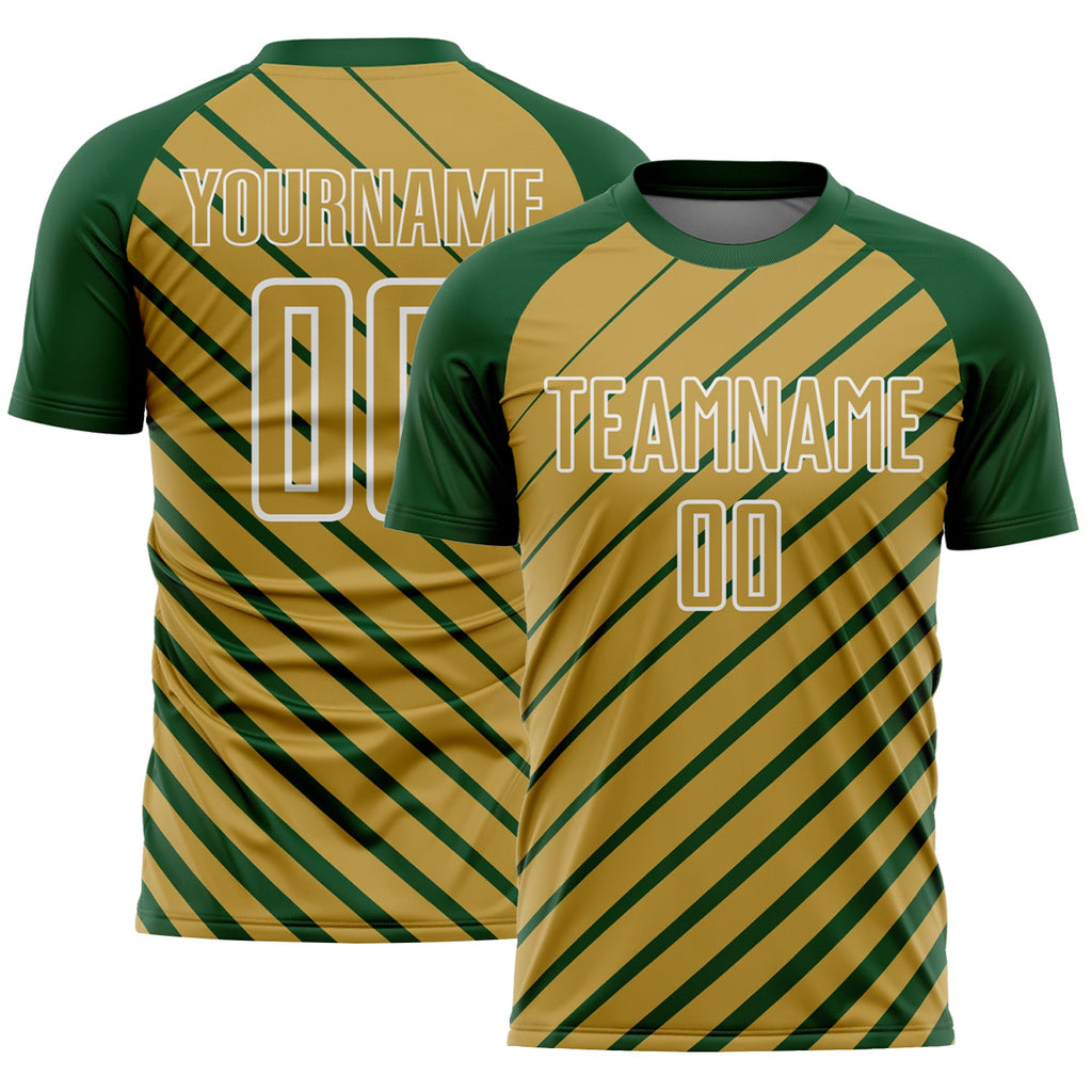 Custom Green Old Gold-White Lines Sublimation Soccer Uniform Jersey