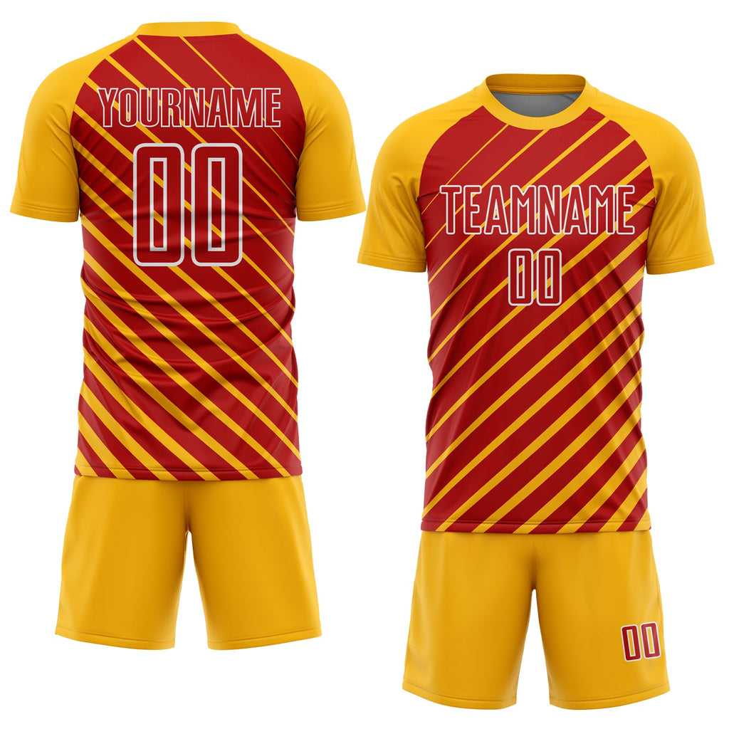 Custom Gold Red-White Lines Sublimation Soccer Uniform Jersey