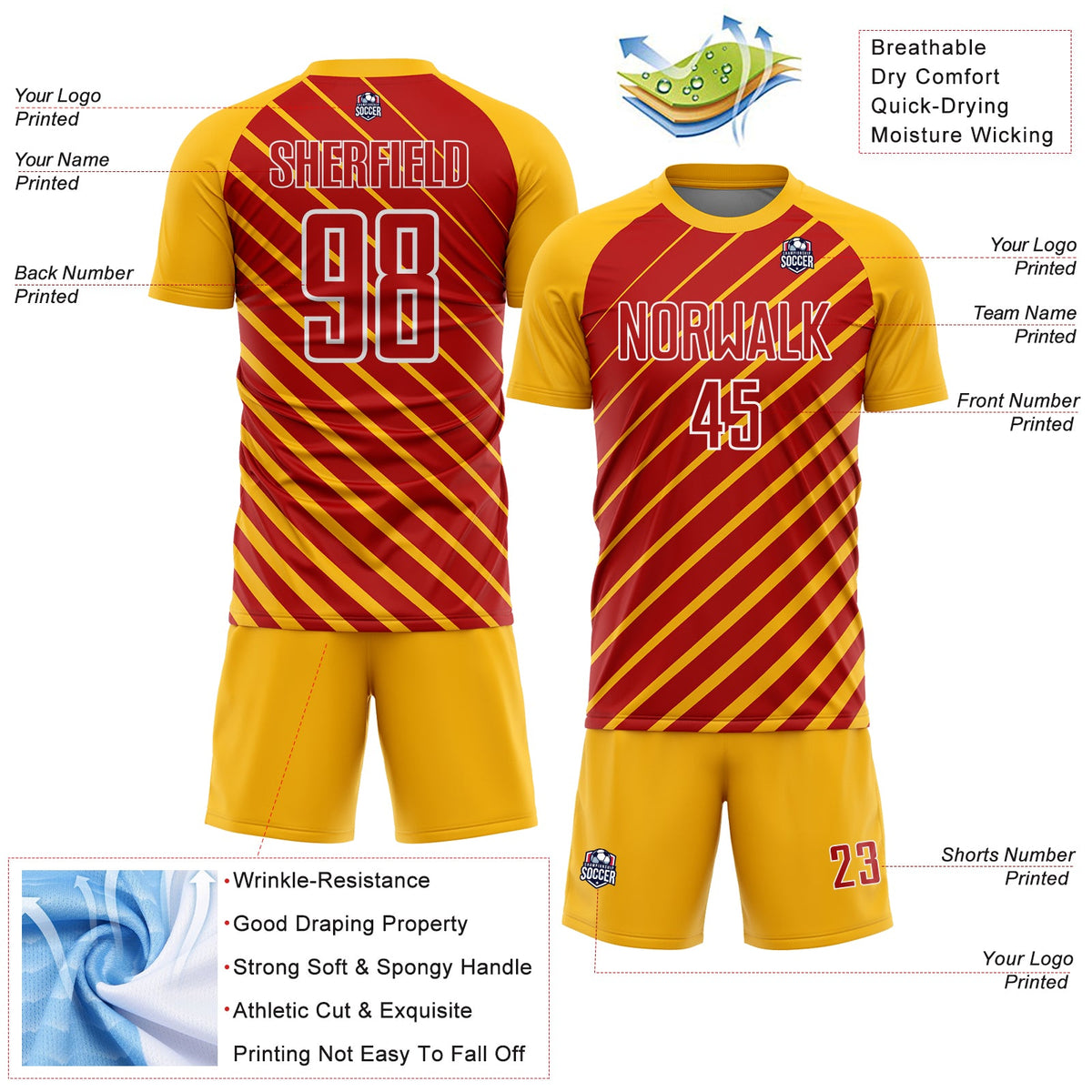 Custom Gold Red-White Lines Sublimation Soccer Uniform Jersey