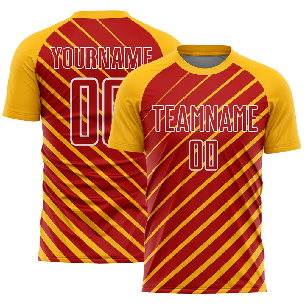Custom Gold Red-White Lines Sublimation Soccer Uniform Jersey