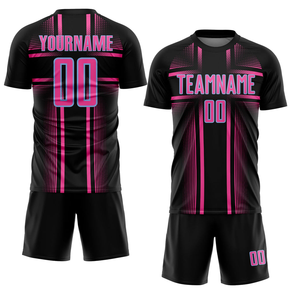 Custom Black Pink-Light Blue Lines Sublimation Soccer Uniform Jersey