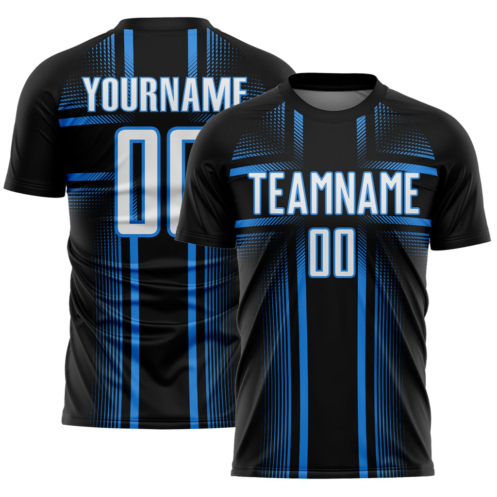 Custom Black White-Powder Blue Lines Sublimation Soccer Uniform Jersey