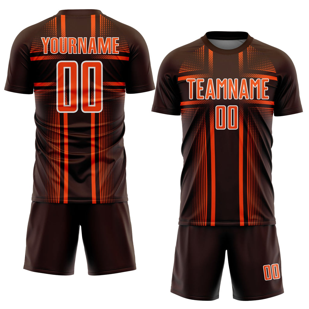 Custom Brown Orange-White Lines Sublimation Soccer Uniform Jersey