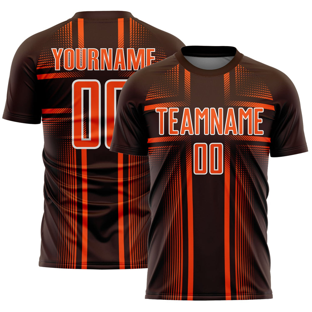 Custom Brown Orange-White Lines Sublimation Soccer Uniform Jersey