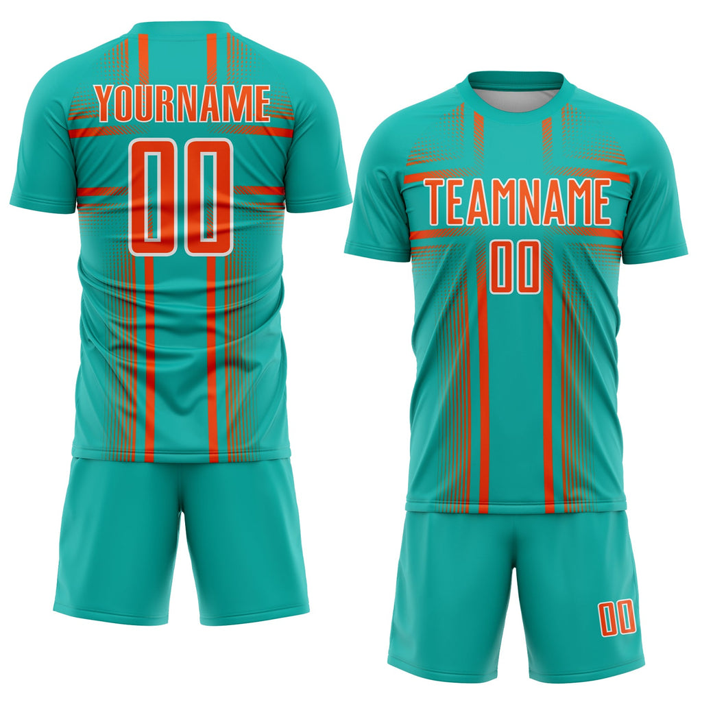 Custom Aqua Orange-White Lines Sublimation Soccer Uniform Jersey
