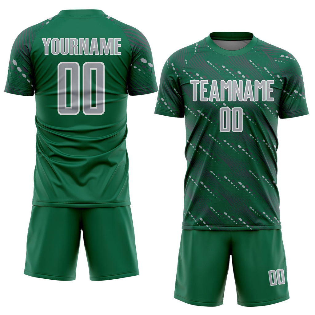 Custom Kelly Green Gray-White Slant Lines Sports Sublimation Soccer Uniform Jersey