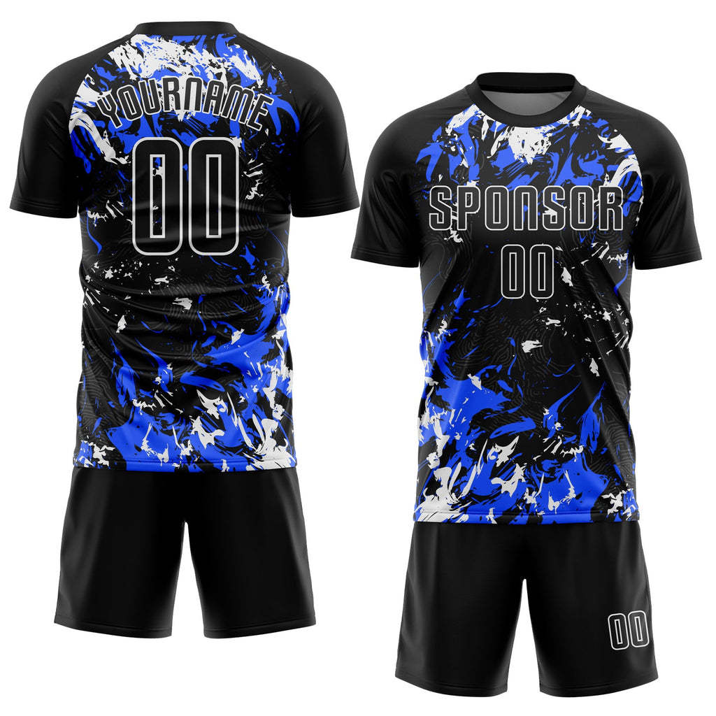 Custom Black Royal-White Fluid Art Splash Sublimation Soccer Uniform Jersey