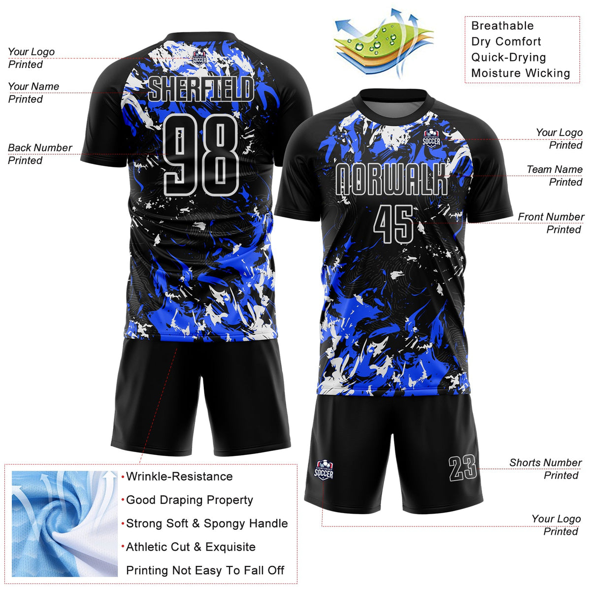 Custom Black Royal-White Fluid Art Splash Sublimation Soccer Uniform Jersey