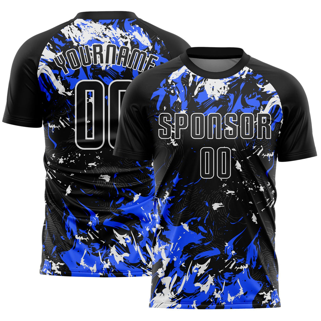 Custom Black Royal-White Fluid Art Splash Sublimation Soccer Uniform Jersey
