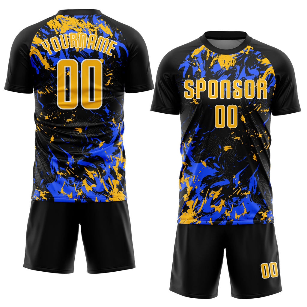 Custom Black Gold Royal-White Fluid Art Splash Sublimation Soccer Uniform Jersey