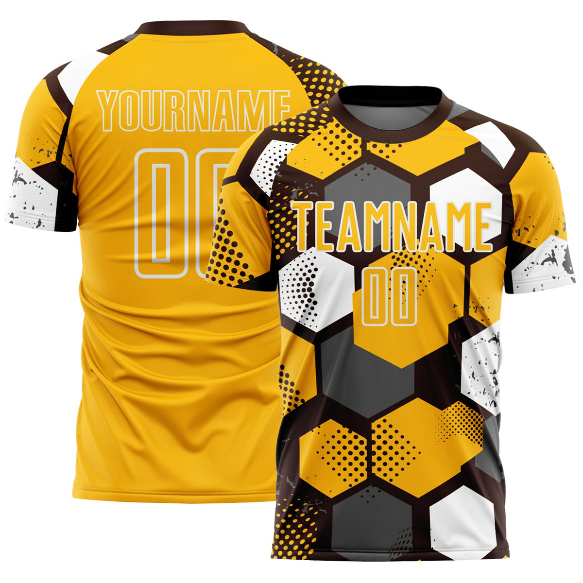 Custom Brown Gold-White Geometric Shape Sublimation Soccer Uniform Jersey