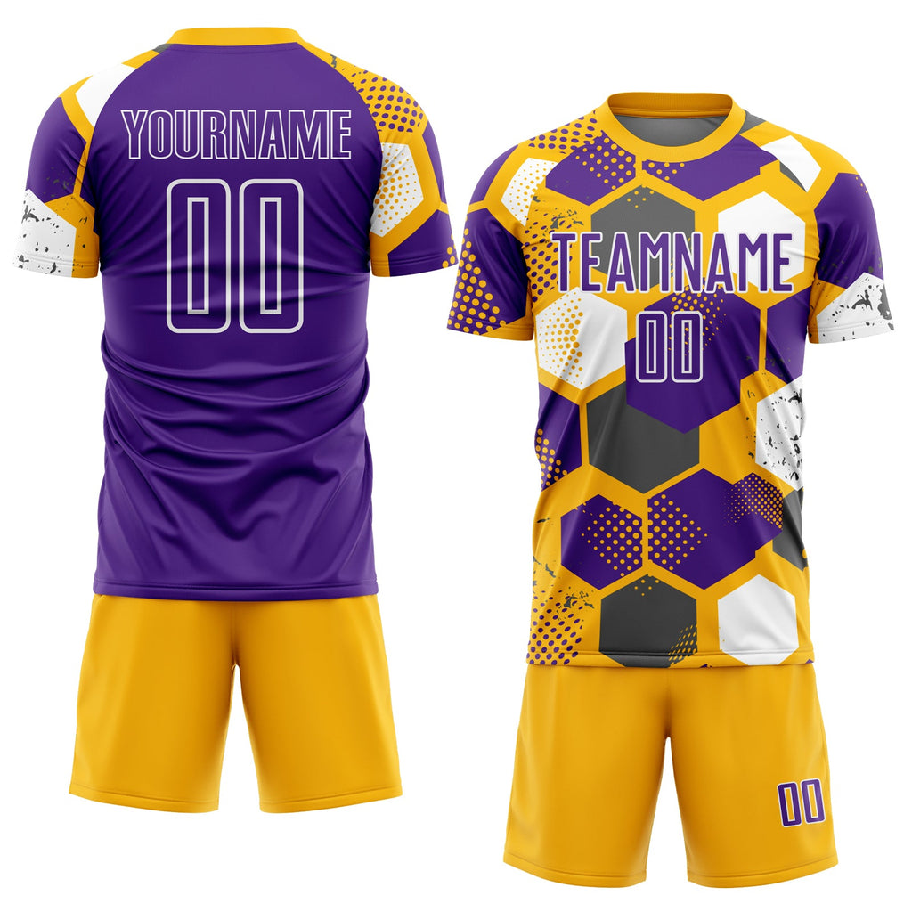 Custom Gold Purple-White Geometric Shape Sublimation Soccer Uniform Jersey
