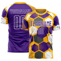 Custom Gold Purple-White Geometric Shape Sublimation Soccer Uniform Jersey