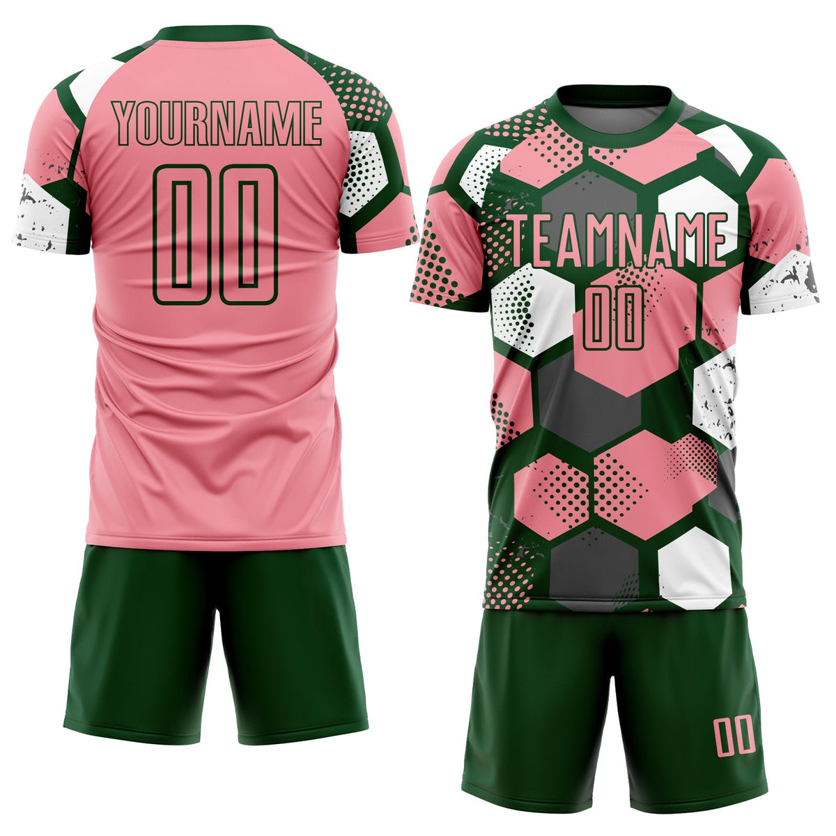 Custom Green Medium Pink-White Geometric Shape Sublimation Soccer Uniform Jersey