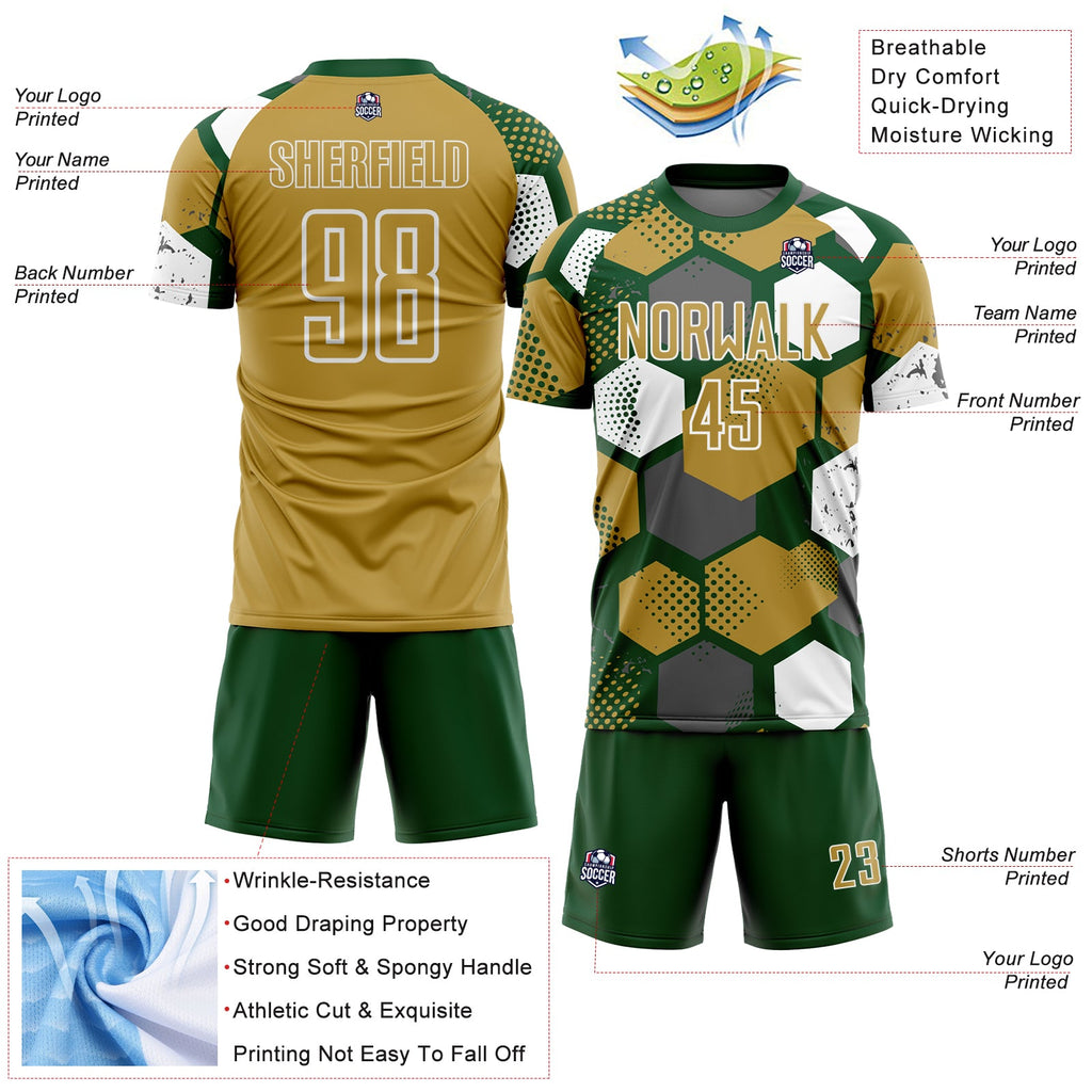 Custom Green Old Gold-White Geometric Shape Sublimation Soccer Uniform Jersey