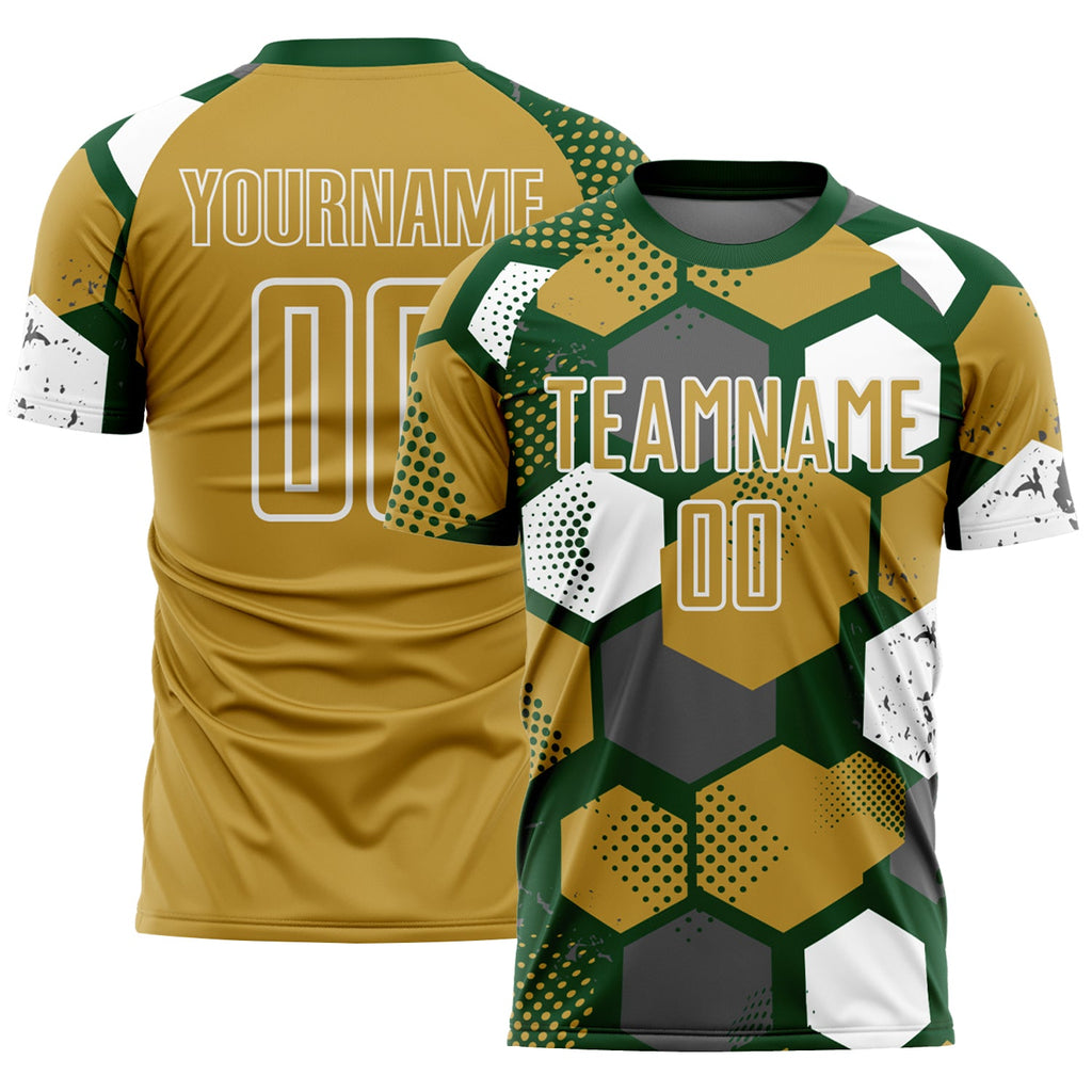 Custom Green Old Gold-White Geometric Shape Sublimation Soccer Uniform Jersey