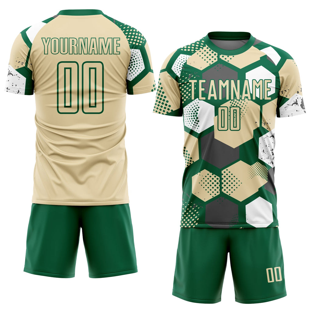 Custom Kelly Green Cream-White Geometric Shape Sublimation Soccer Uniform Jersey