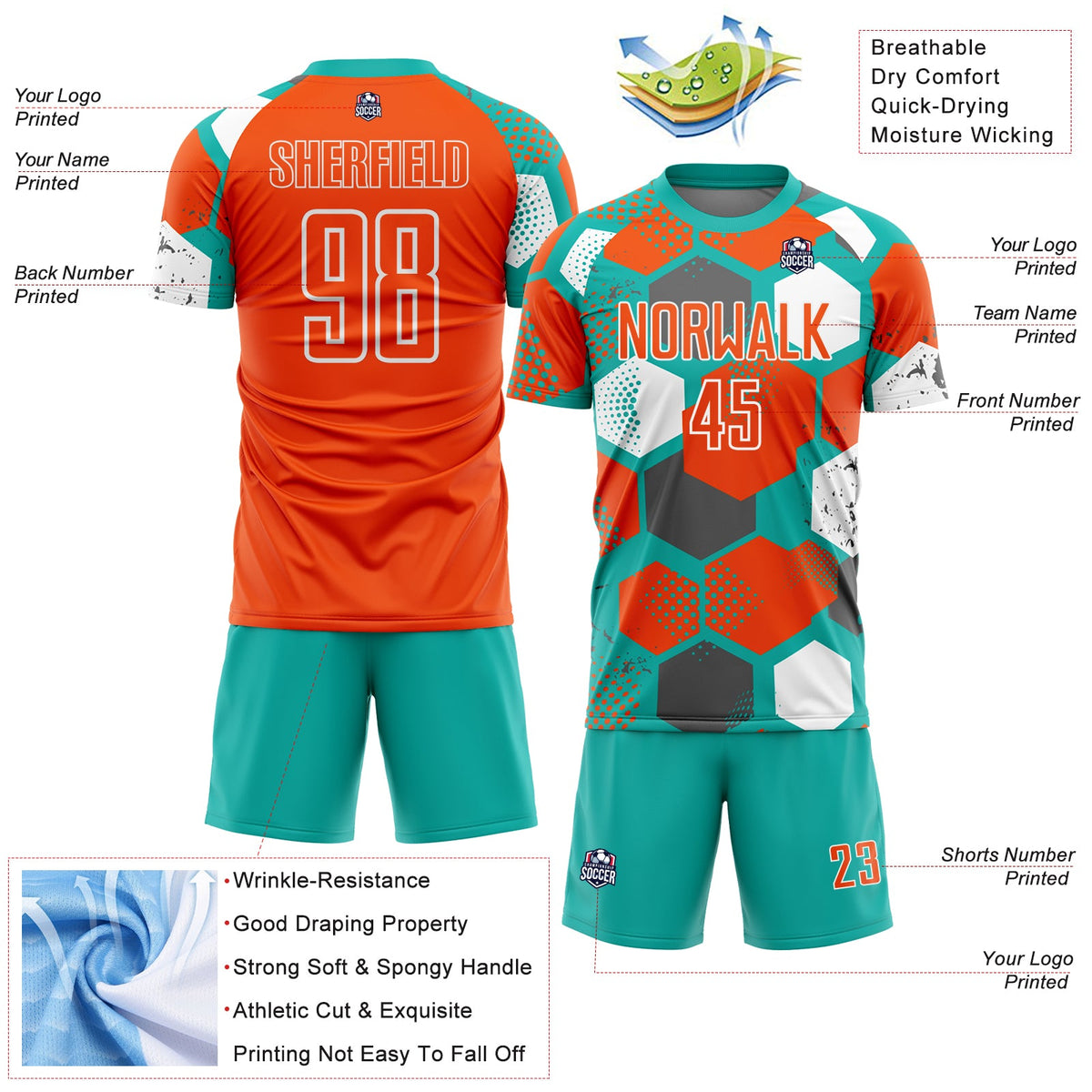 Custom Aqua Orange-White Geometric Shape Sublimation Soccer Uniform Jersey