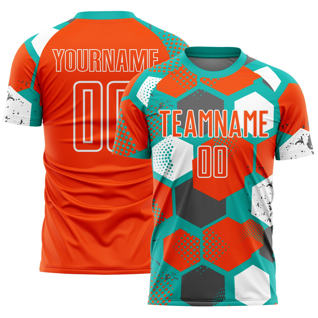 Custom Aqua Orange-White Geometric Shape Sublimation Soccer Uniform Jersey