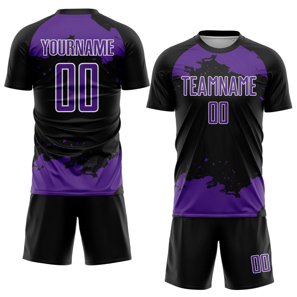 Custom Black Purple-White Abstract Fragment Art Sublimation Soccer Uniform Jersey