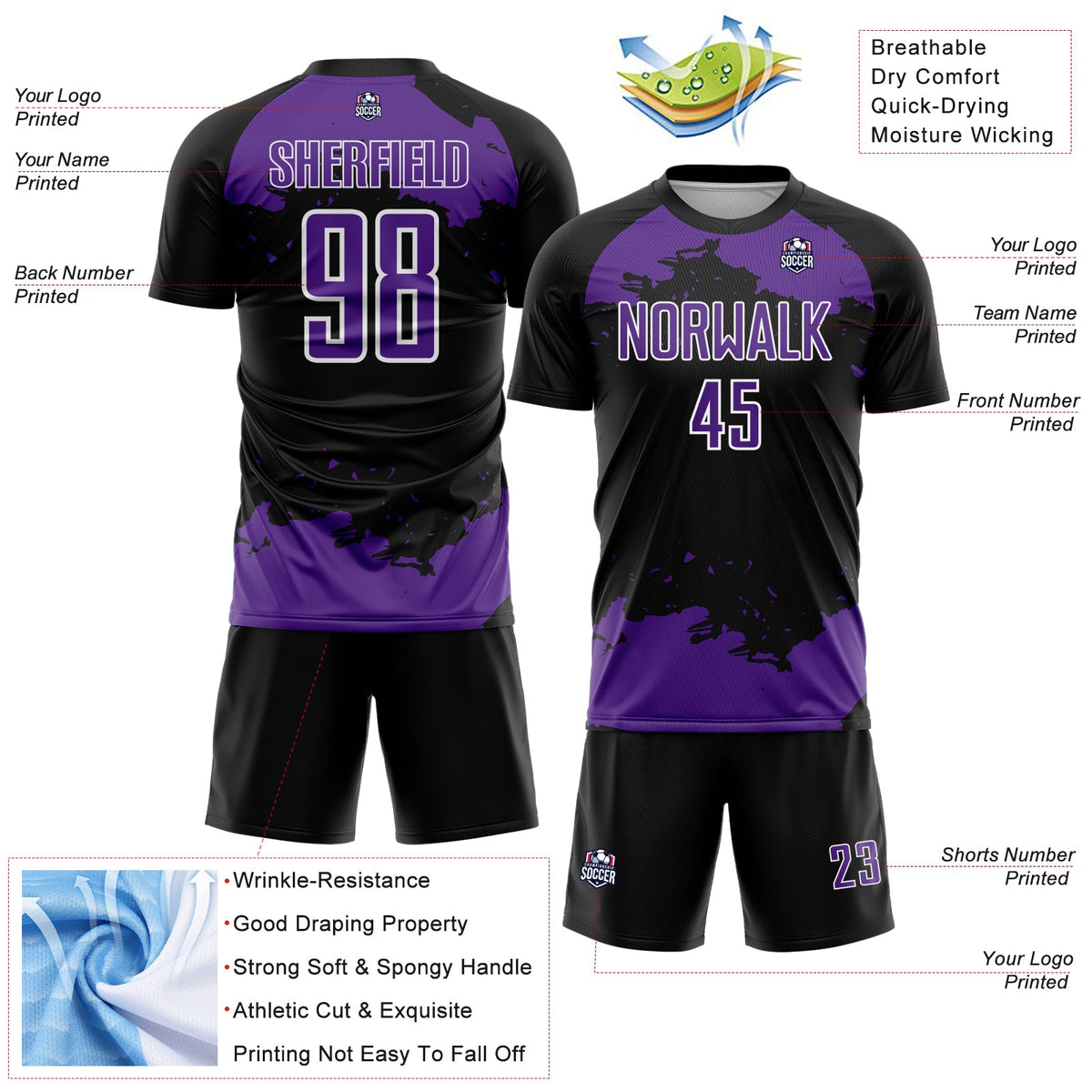 Custom Black Purple-White Abstract Fragment Art Sublimation Soccer Uniform Jersey