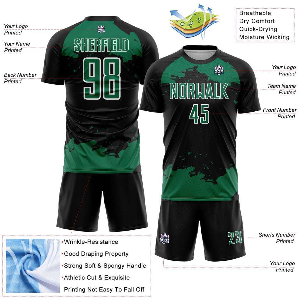 Custom Black Kelly Green-White Abstract Fragment Art Sublimation Soccer Uniform Jersey