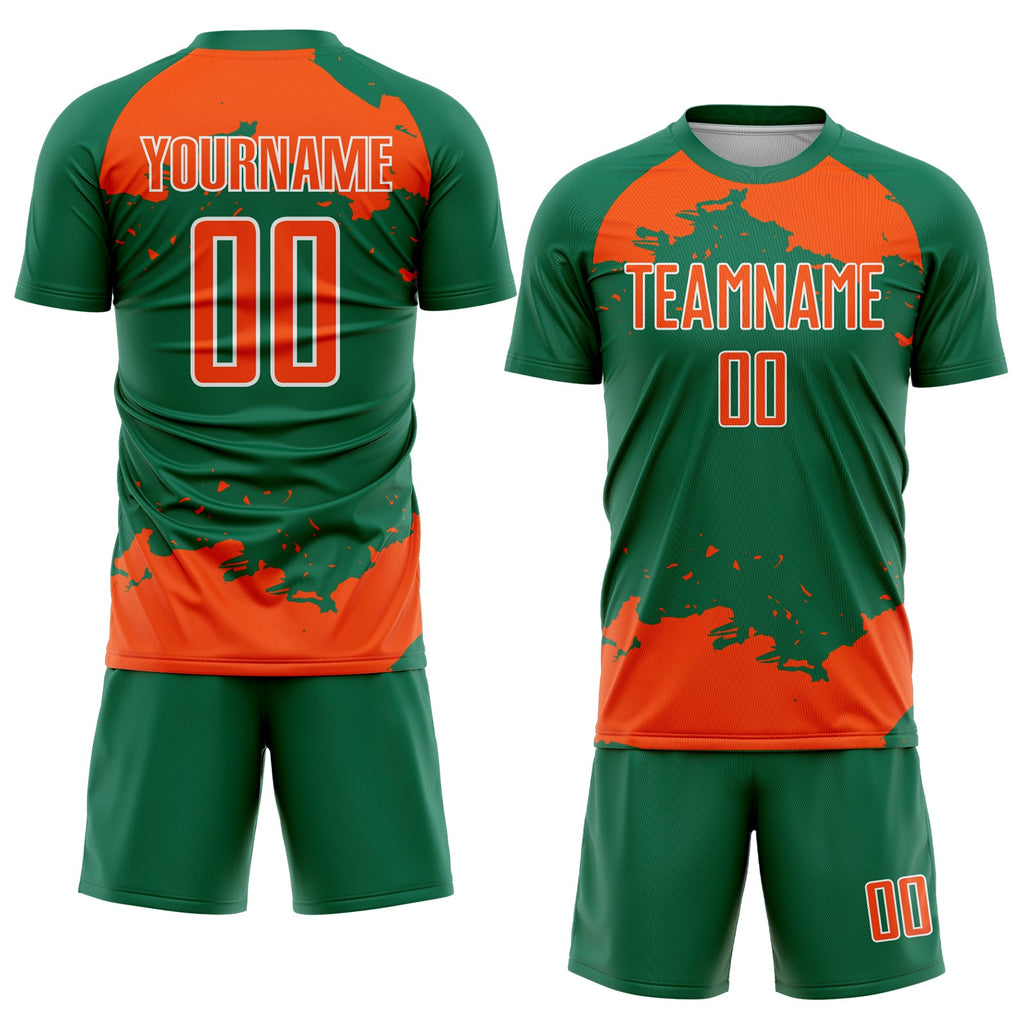 Custom Kelly Green Orange-White Abstract Fragment Art Sublimation Soccer Uniform Jersey