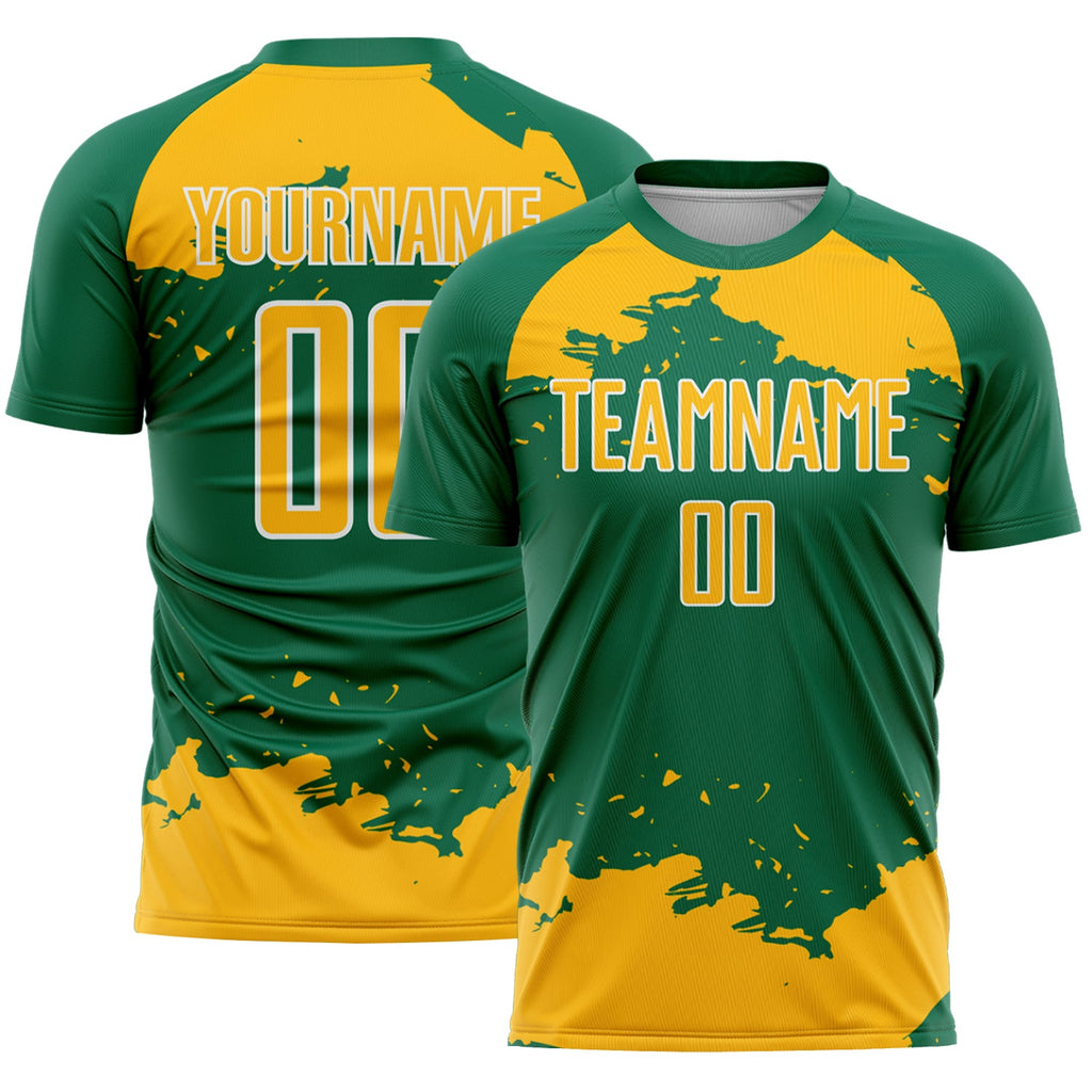Custom Kelly Green Gold-White Abstract Fragment Art Sublimation Soccer Uniform Jersey