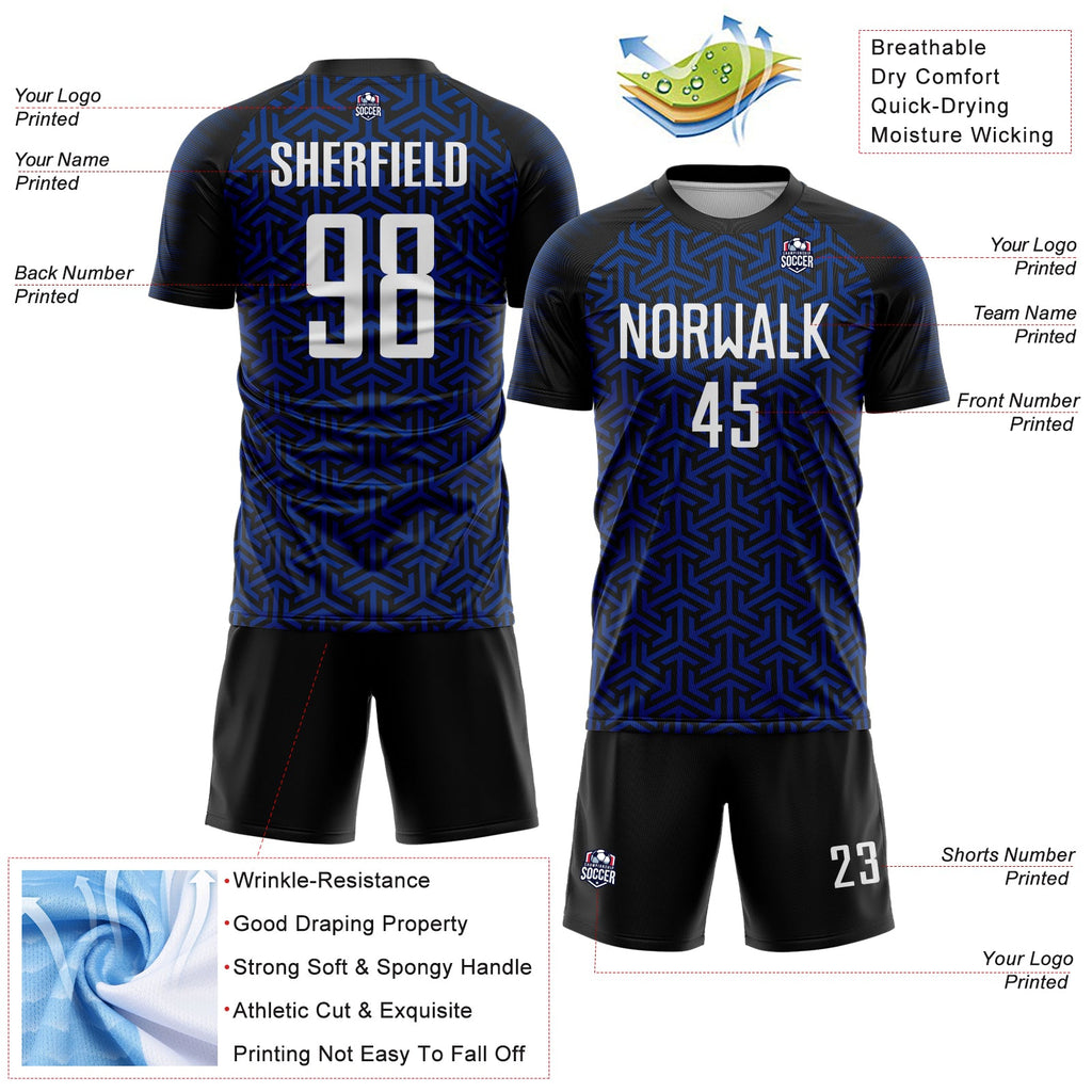 Custom Black White-Royal Geometric Arrow Sublimation Soccer Uniform Jersey