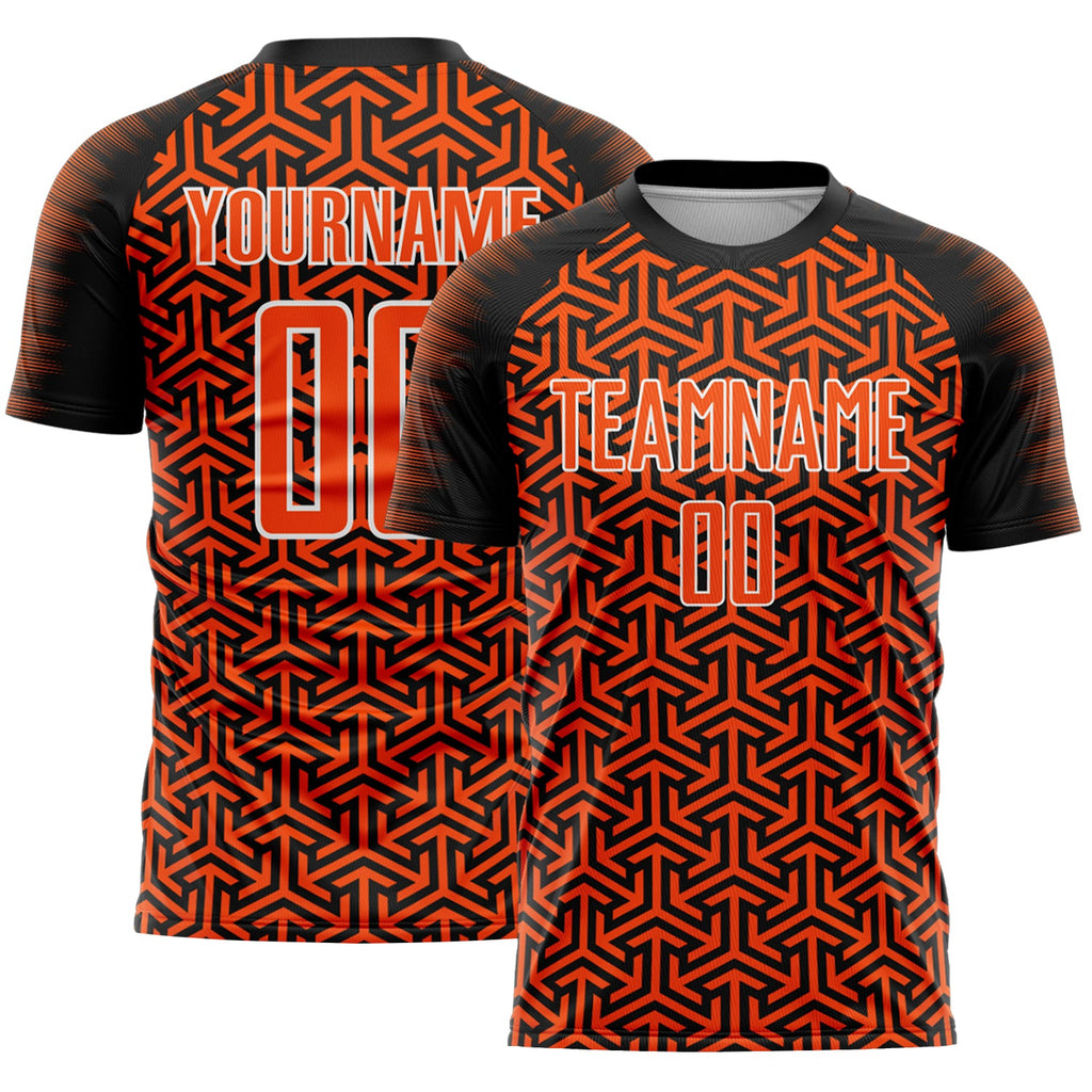 Custom Black Orange-White Geometric Arrow Sublimation Soccer Uniform Jersey