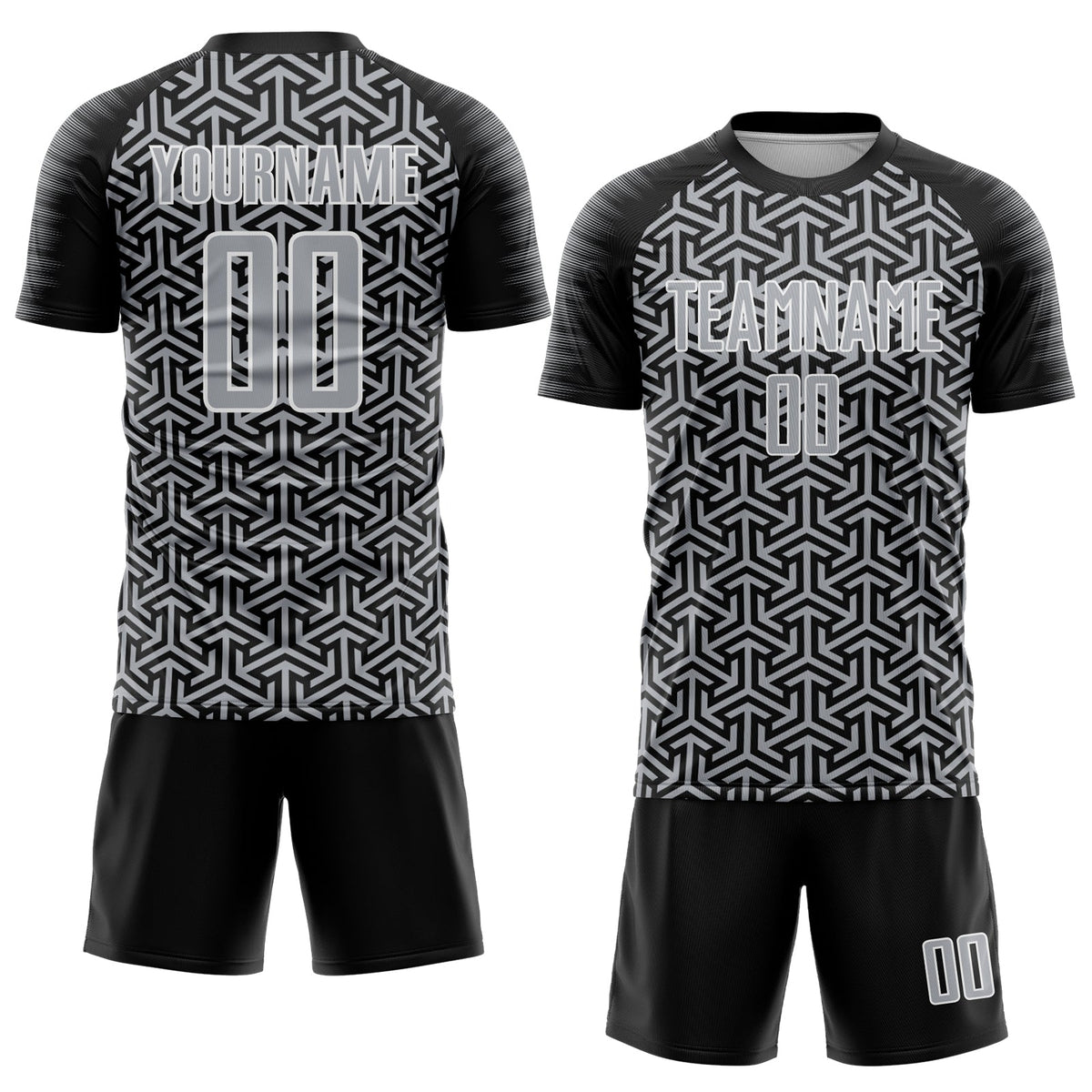 Custom Black Gray-White Geometric Arrow Sublimation Soccer Uniform Jersey