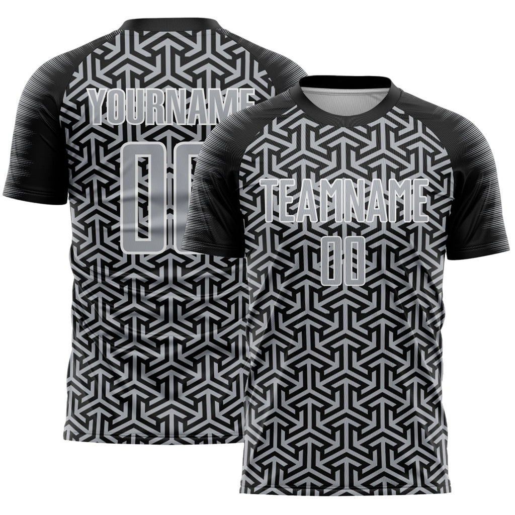 Custom Black Gray-White Geometric Arrow Sublimation Soccer Uniform Jersey