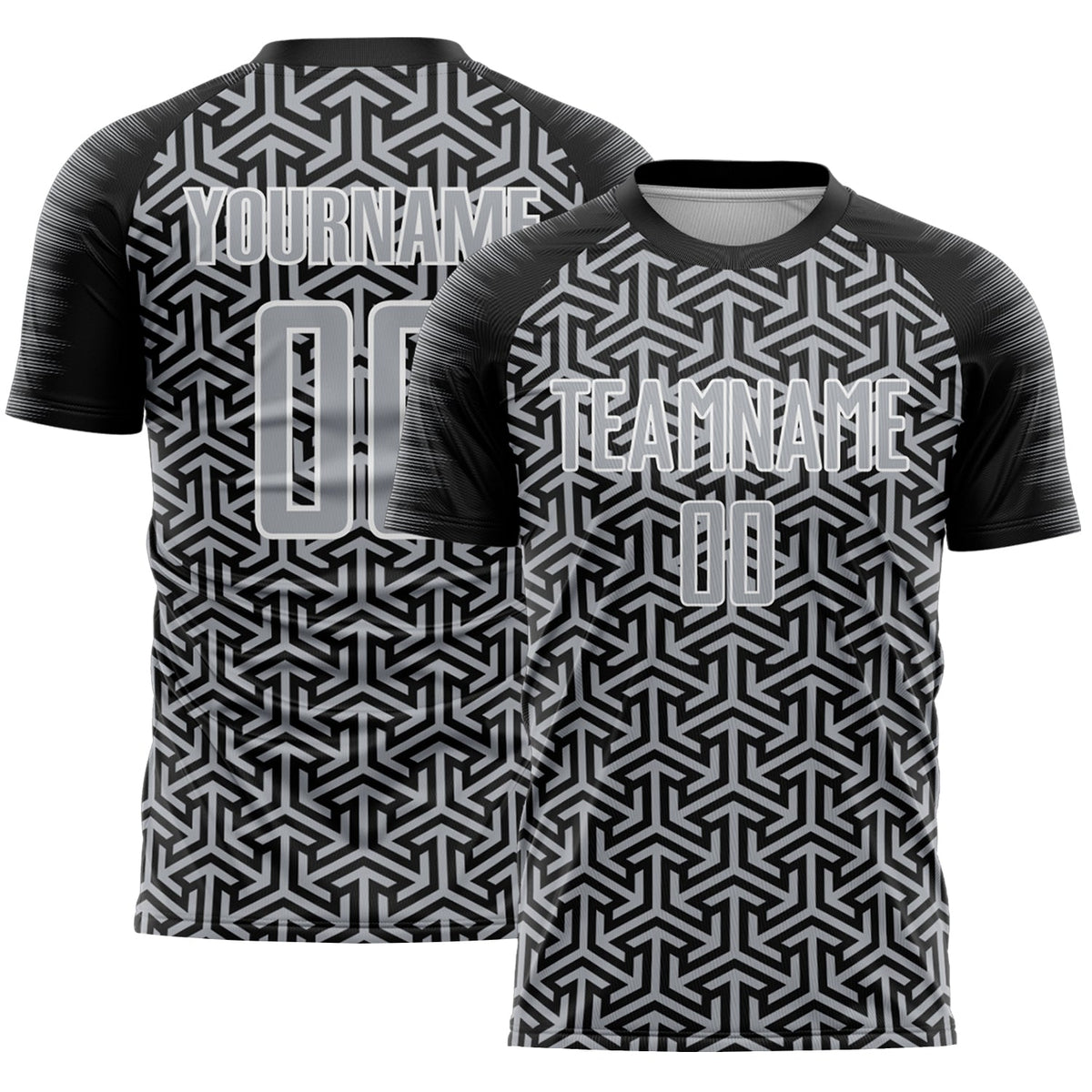 Custom Black Gray-White Geometric Arrow Sublimation Soccer Uniform Jersey