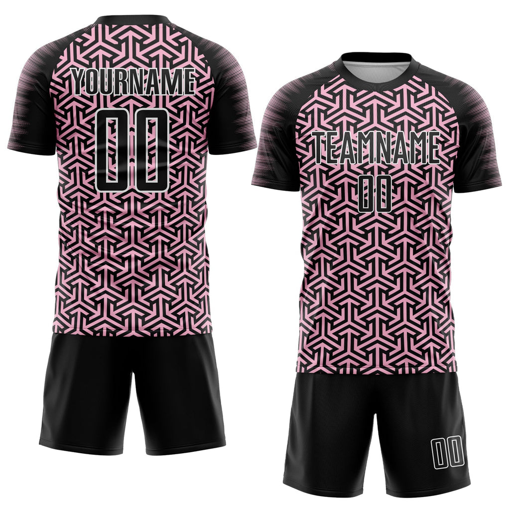 Custom Black Light Pink-White Geometric Arrow Sublimation Soccer Uniform Jersey