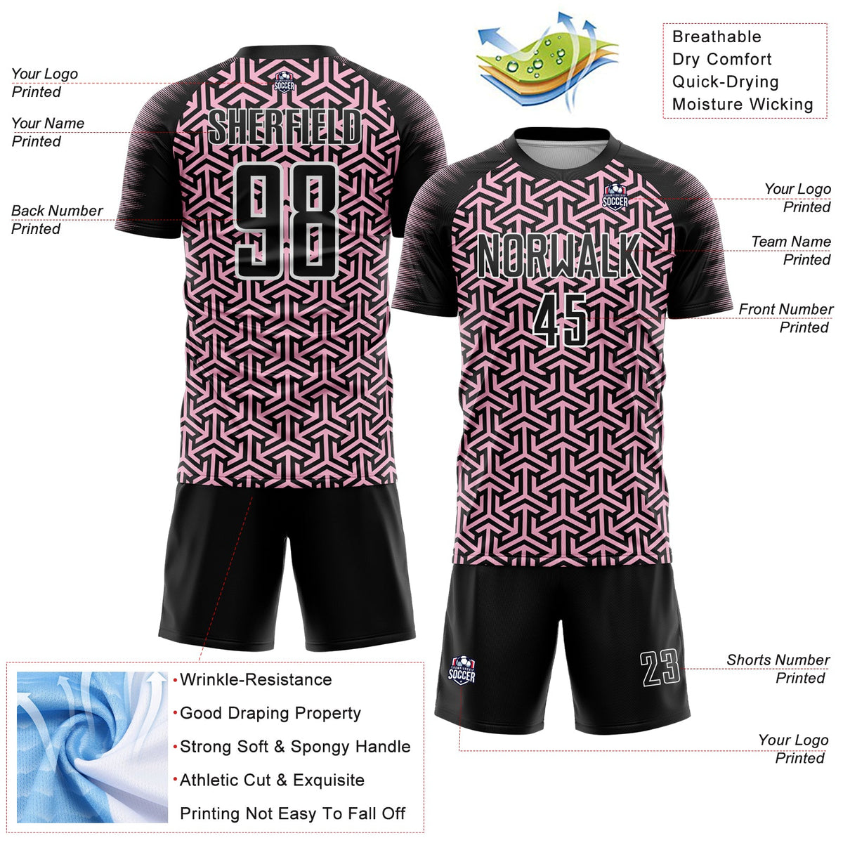 Custom Black Light Pink-White Geometric Arrow Sublimation Soccer Uniform Jersey