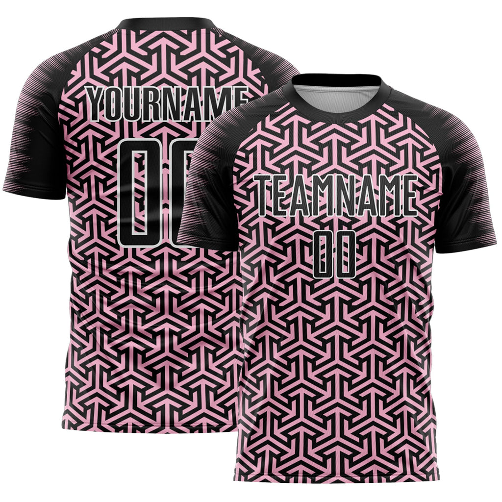 Custom Black Light Pink-White Geometric Arrow Sublimation Soccer Uniform Jersey