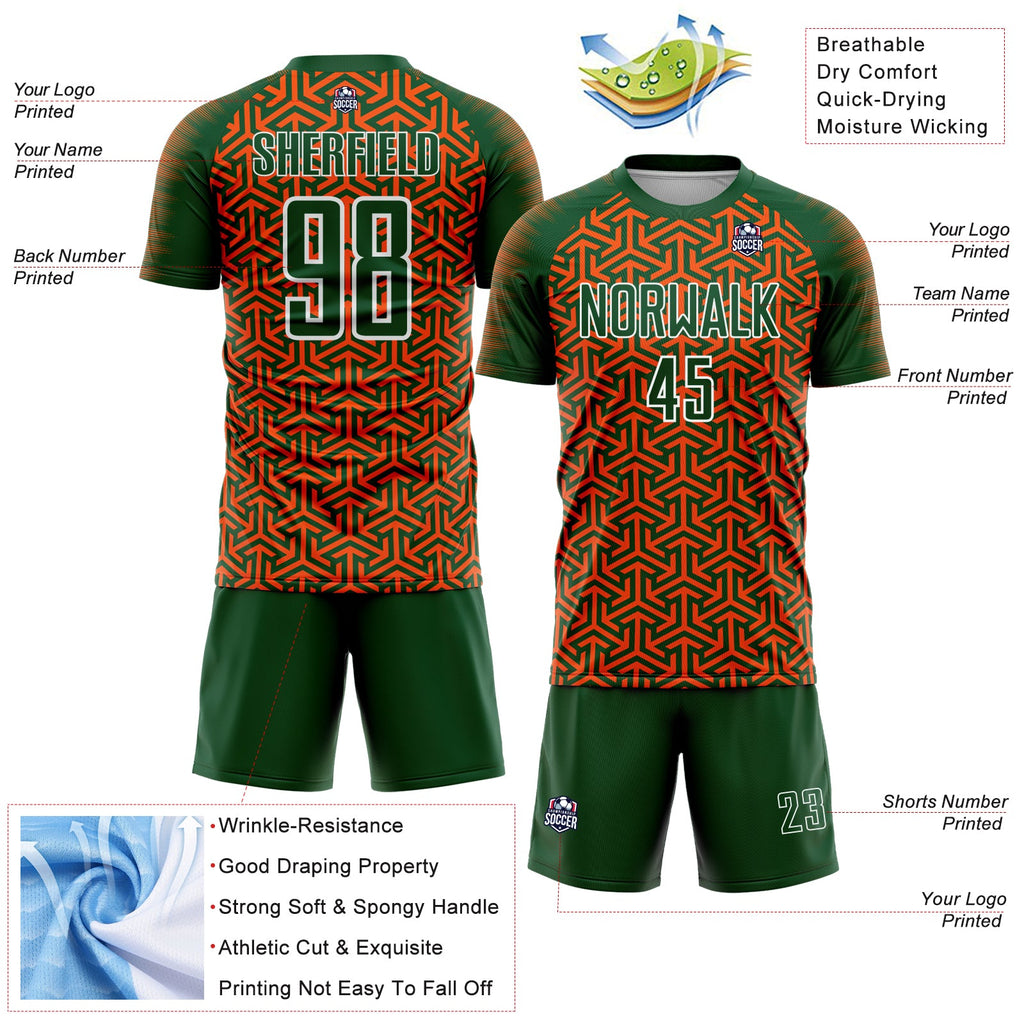 Custom Green Orange-White Geometric Arrow Sublimation Soccer Uniform Jersey