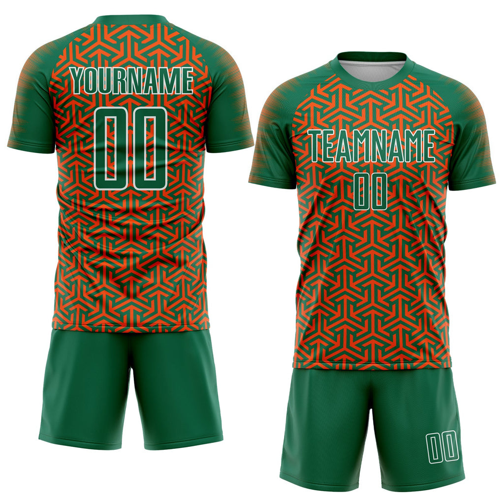 Custom Kelly Green Orange-White Geometric Arrow Sublimation Soccer Uniform Jersey