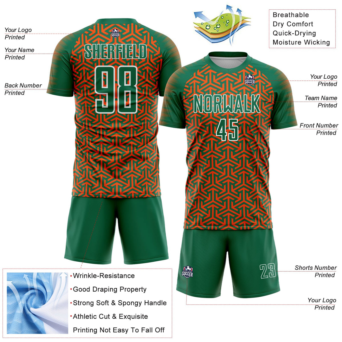 Custom Kelly Green Orange-White Geometric Arrow Sublimation Soccer Uniform Jersey